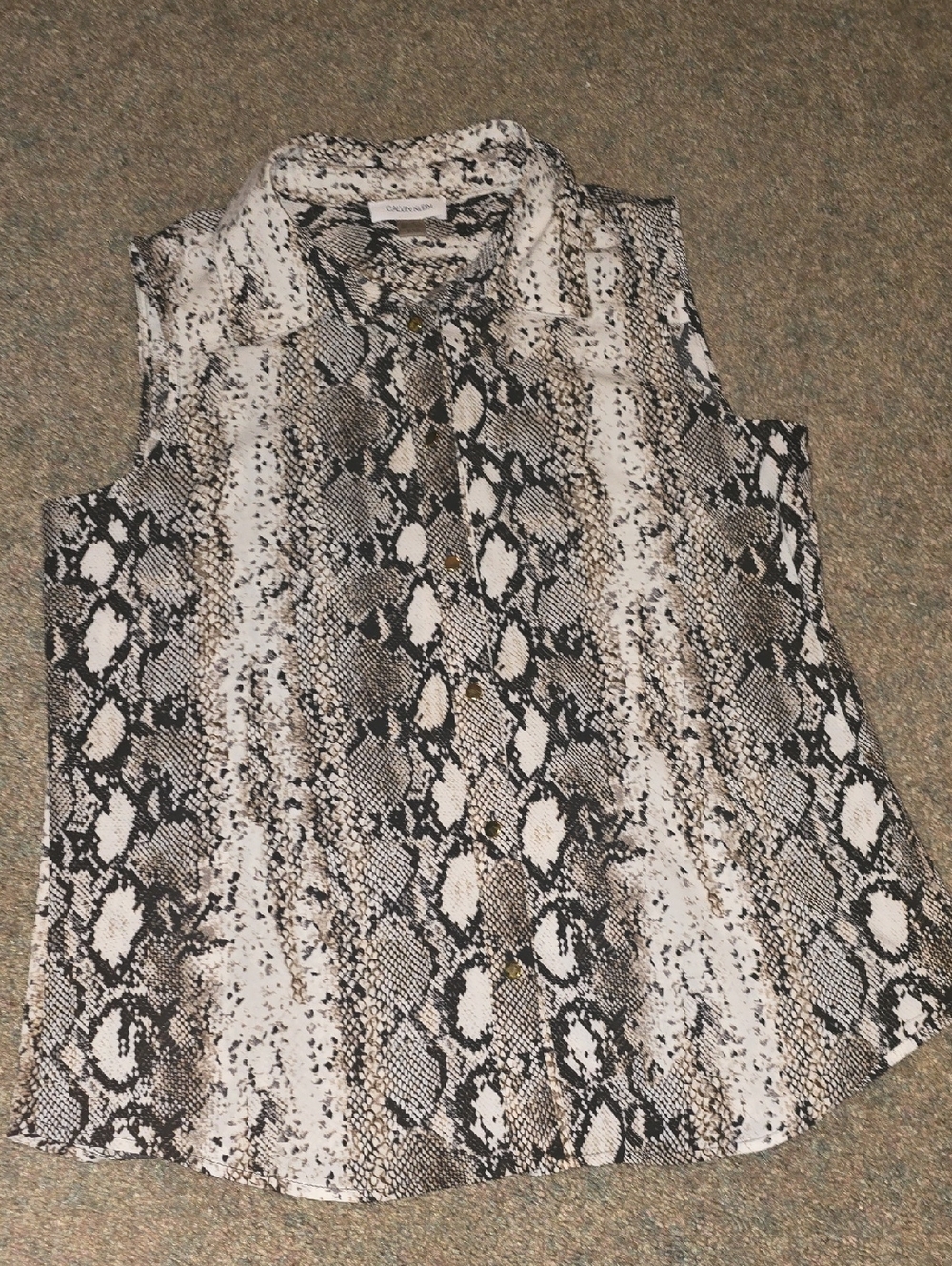 Calvin Klein Snake-Print Sleeveless Blouse in Black, White, Beige